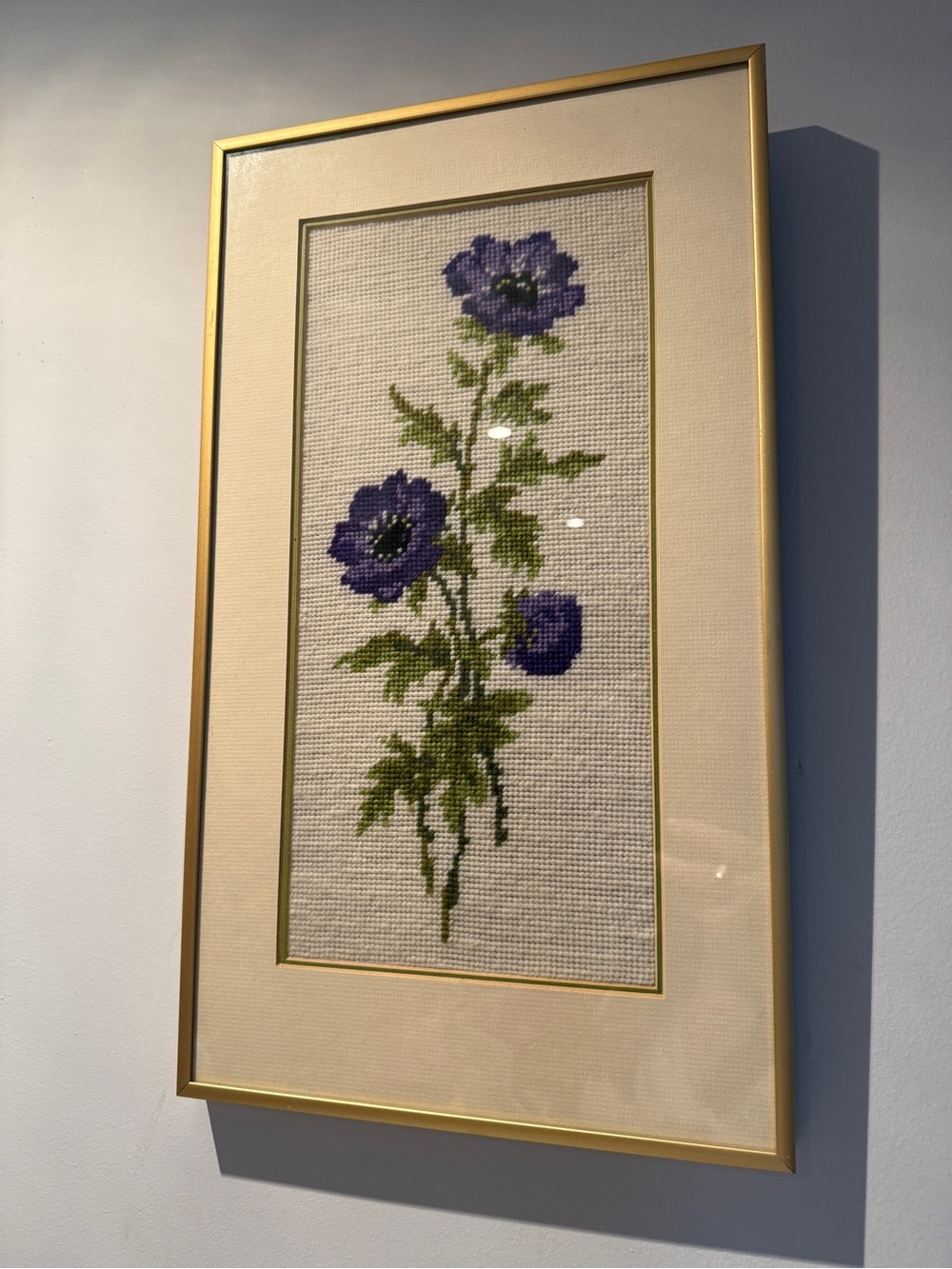 Vintage Framed needlepoint Floral Wall Art - Purple Flowers